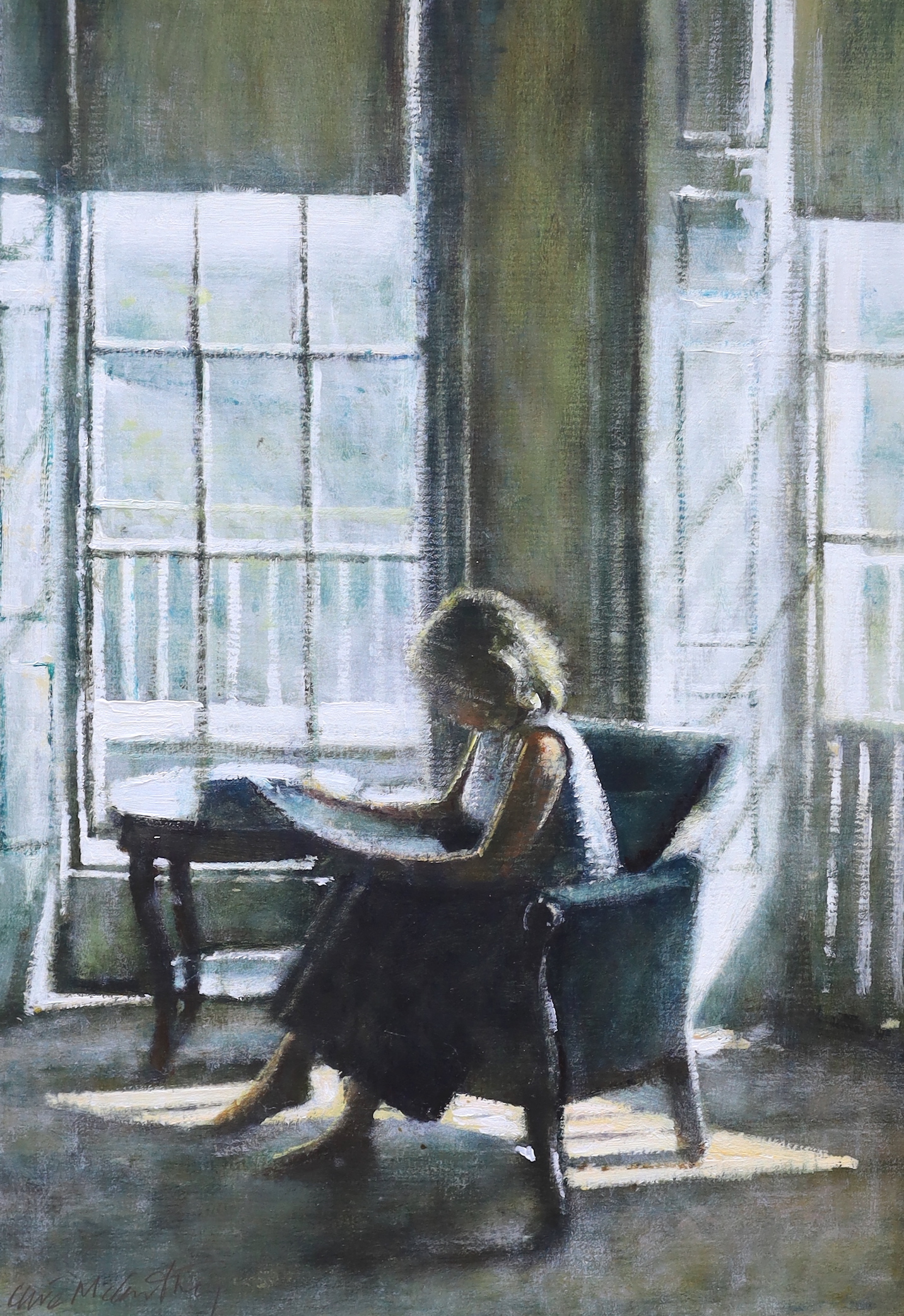 Clive McCartney (Scottish, b. 1960), three oils on board including Reading figure and The Coach and Horses, Soho, each signed and inscribed verso, largest 41 x 29cm